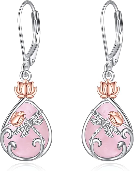 AOBOCO Butterfly/Dragonfly/Bee/Ladybug Leverback Earrings 925 Sterling Silver Rose Lotus Tulip Flower Filigree Dangle Earrings Teardrop Moonstone Larimar Turquoise Abalone Shell Jewelry Birthday Gifts for Women