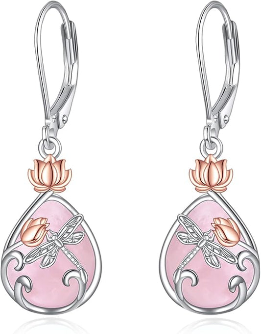 AOBOCO Butterfly/Dragonfly/Bee/Ladybug Leverback Earrings 925 Sterling Silver Rose Lotus Tulip Flower Filigree Dangle Earrings Teardrop Moonstone Larimar Turquoise Abalone Shell Jewelry Birthday Gifts for Women