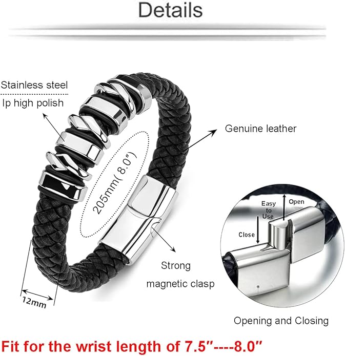 Leather Bracelet for Men Braided Cuff Wristband Stainless Steel Clasp in Silver and Gold Jewellery Gift