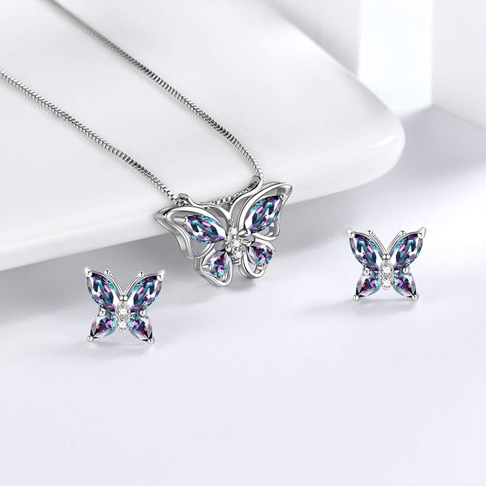 Aurora Tears Butterfly Jewelry,Women 925 Sterling Silver Butterflies Birthstone Pendant Necklace/Earrings/Rings Wedding Gift