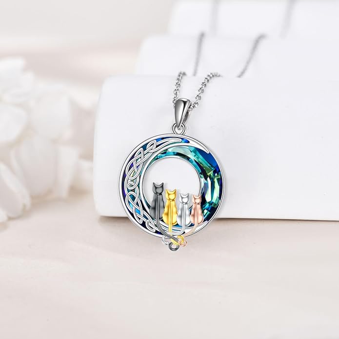 TOUPOP Christmas Cat Gifts for Cats Lovers One Two Three Four Cats Necklace Sterling Silver Cats on the Moon Pendant Necklace with Blue Circle Crystal Birthday Christmas Celtic Jewelry Gifts for Women