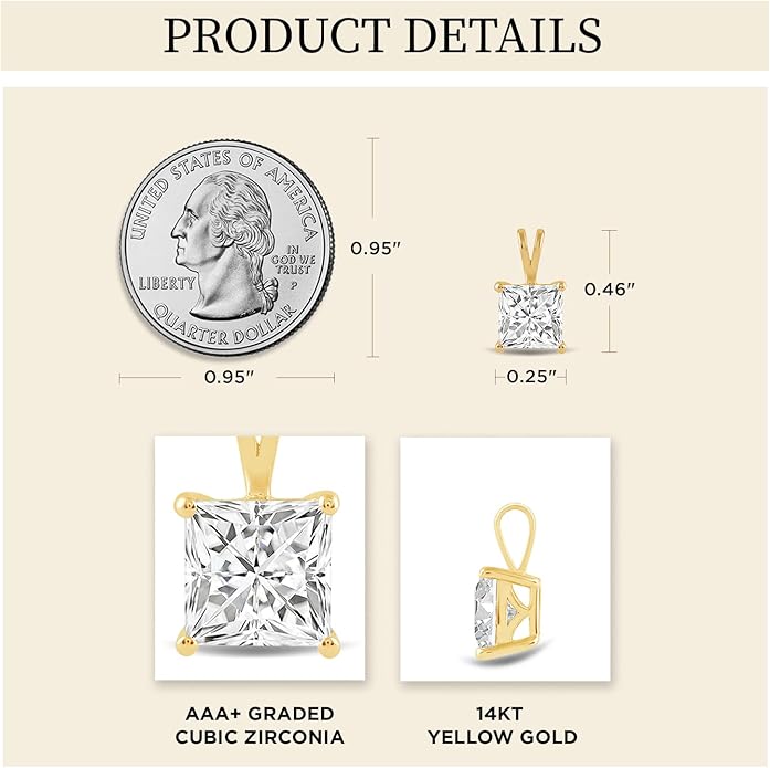 Everyday Elegance Solid 14K Gold Cubic Zirconia Solitaire Pendant Necklace for Women Heart, Princess, Round, Oval, Emerald, Pear & Cushion Cut 1 or 2 CTW | .60mm Thick 16" 18" Length Box Link Chain