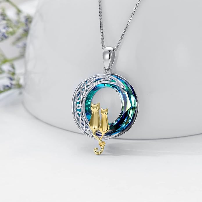 TOUPOP Christmas Cat Gifts for Cats Lovers One Two Three Four Cats Necklace Sterling Silver Cats on the Moon Pendant Necklace with Blue Circle Crystal Birthday Christmas Celtic Jewelry Gifts for Women