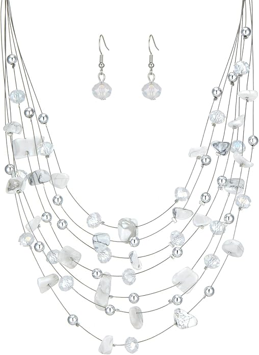 Multi-Layer Boho Shell Beaded Necklace for Women Colorful Crystal Strand with Silver Beads Statement Collars Necklace and Earrings Costumes Jewelry Sets for Women