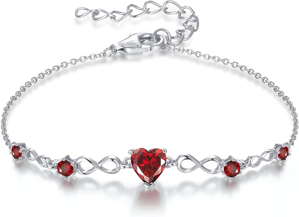G&GEMSJEW Infinity Heart Birthstone Bracelets for Women, 925 Sterling Silver Women Charm Link Bracelet Adjustable, Birthday Anniversary Christmas Jewelry Gifts for Women Wife Mom Girlfriend Her