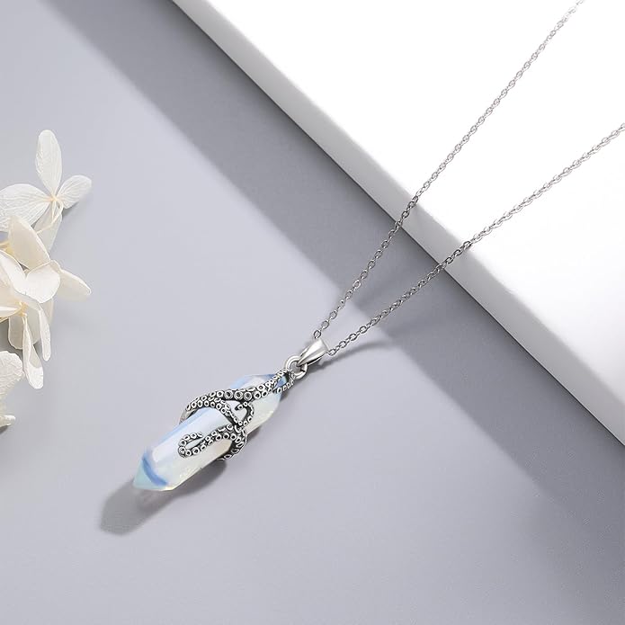OHAYOO Octopus Tentacles Necklace 925 Sterling Silver Octopus Pendent Necklace Wrapped Obsidian Octopus Jewelry Gifts for Women
