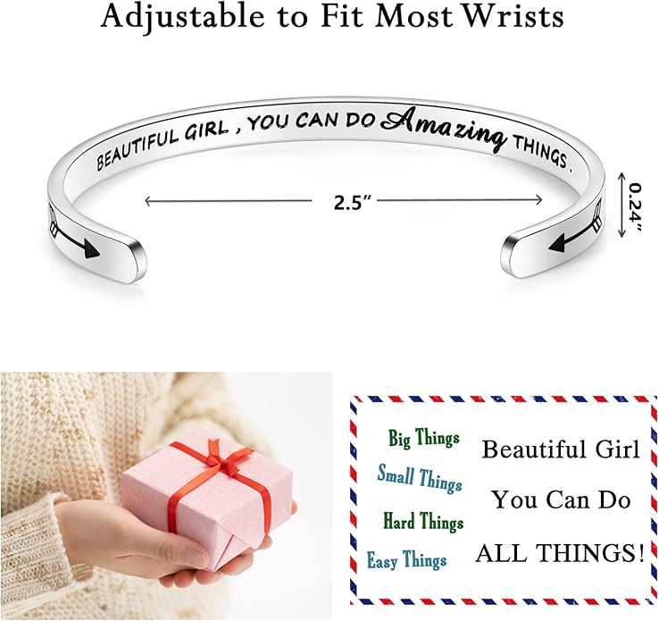 TONY & SANDY Inspirational Bracelets for Women Teen Girls Personalized Gifts for Daughter Granddaughter Mom Sister Friends Stainless Steel Engraved Cuff Birthday Easter Christmas