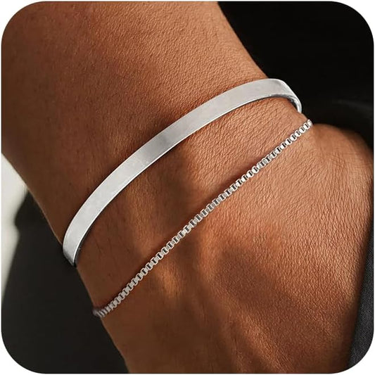 Moodear Stackable Bracelets for Men - Dainty 925 Sterling Silver/14K Gold Plated Cuff Snake Box Cuban Link Chain Bangle Bracelet Set Mens Jewelry