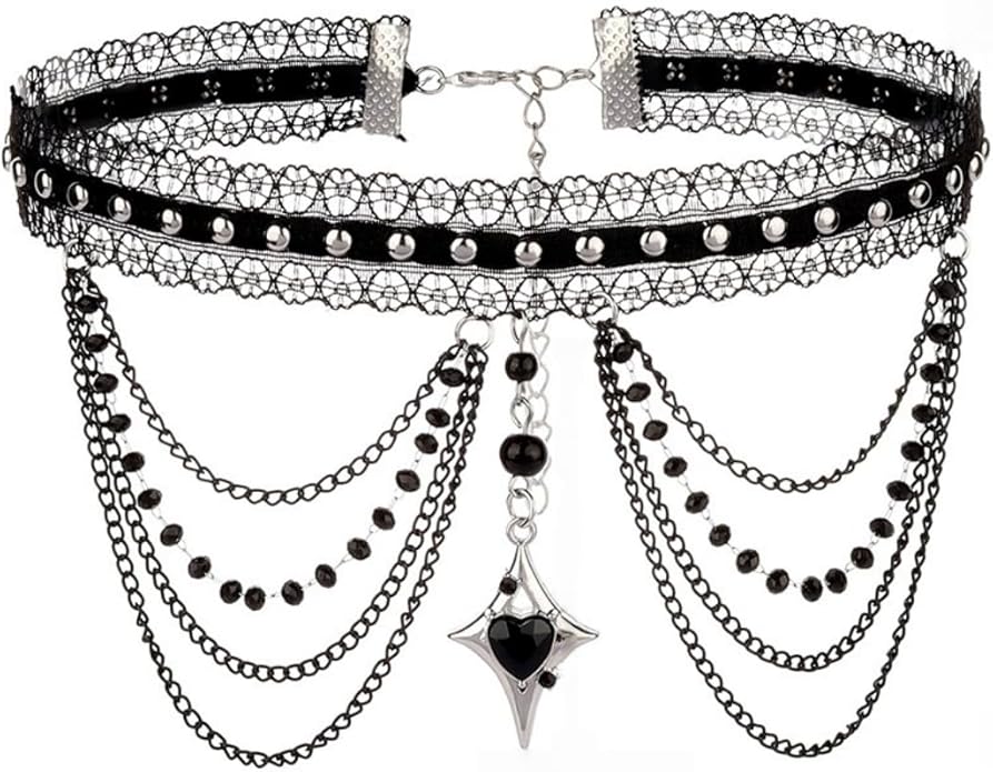 Vintage Lace Choker Necklace for Women Gothic Style Black Crystal Hollowed Out Necklace Statement Layered Tassels Necklace Victoria Halloween Vampire Jewelry