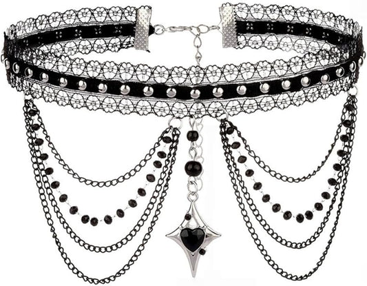 Vintage Lace Choker Necklace for Women Gothic Style Black Crystal Hollowed Out Necklace Statement Layered Tassels Necklace Victoria Halloween Vampire Jewelry