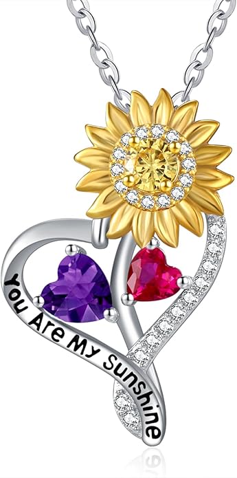 Zeuslia Double Birthstone Necklace Gifts for Wife - 925 Sterling Silver Sunflower/Rose/Crown Cross/Compass/Heart Pendant I Love You Necklace, Anniversary Birthday Gifts for Wife Girlfriend Mom Her