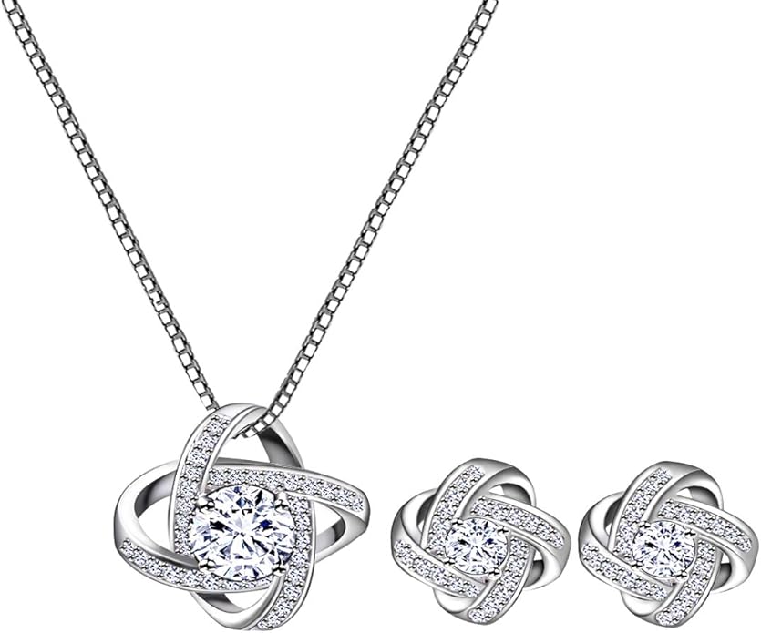 AMYJANE Bridal Jewelry Set for Women - Crystal Cubic Zirconia Love Knot Necklace Stud Earrings Elegant CZ Jewelry Set for Wedding Bride Bridesmaids Gift Set