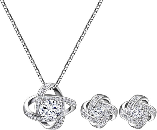 AMYJANE Bridal Jewelry Set for Women - Crystal Cubic Zirconia Love Knot Necklace Stud Earrings Elegant CZ Jewelry Set for Wedding Bride Bridesmaids Gift Set