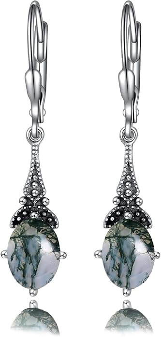 AOBOCO Vintage Earrings for Women Sterling Silver Retro Drop Dangle Leverback Earrings with 8x6mm Oval Genuine or Simulated Birthstone Crystal from Austria, Anniversary Jewelry Gifts for Her Women