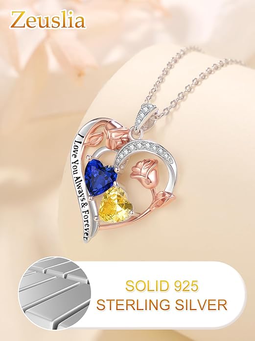 Zeuslia Double Birthstone Necklace Gifts for Wife - 925 Sterling Silver Sunflower/Rose/Crown Cross/Compass/Heart Pendant I Love You Necklace, Anniversary Birthday Gifts for Wife Girlfriend Mom Her