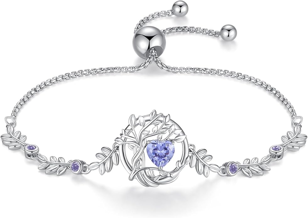 FANCIME Tree of life Birthstone Bracelet for Women Sterling Silver Tree Jewelry Birthstone Charm Bracelet Gemstone Anniversary Birthday Christmas Gifts for Wife Mom Her