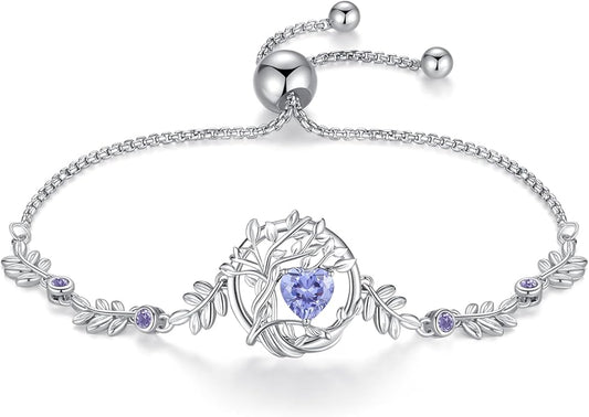 FANCIME Tree of life Birthstone Bracelet for Women Sterling Silver Tree Jewelry Birthstone Charm Bracelet Gemstone Anniversary Birthday Christmas Gifts for Wife Mom Her