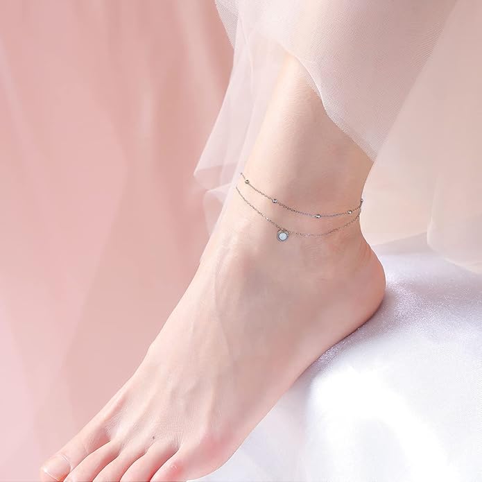 Anklets for Women 925 Sterling Silver Charm Layered Simulated Opal/Moonstone/Daisy/Infinity Summer Beach Ankle Bracelet Foot Chain Jewelry Birthday Valentine's Day Mother's Day Gift