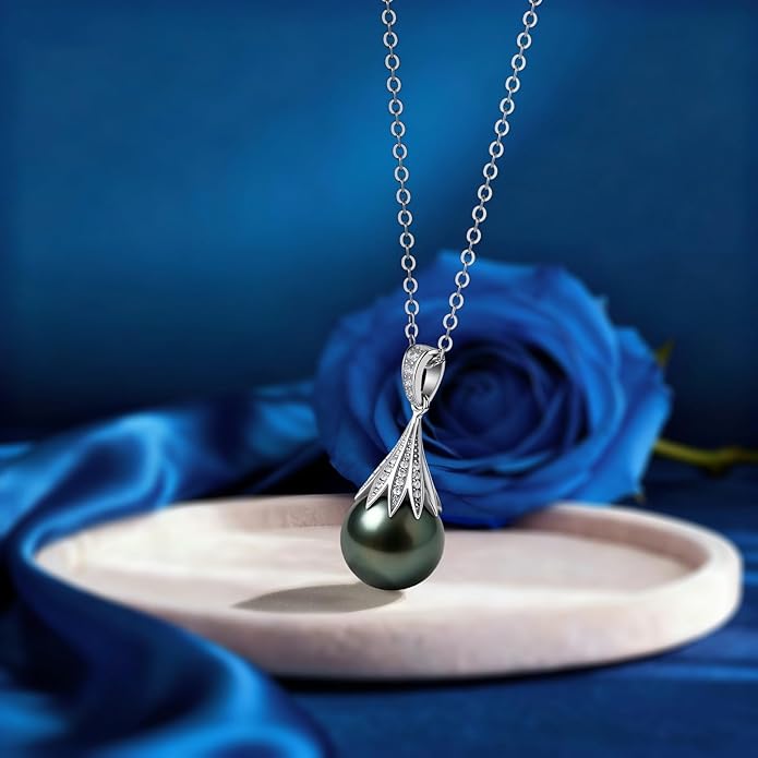Genuine Tahitian Black Pearl Necklaces for Women, 9-12mm AAAA Seawater Pearl - Sterling Silver Moissanite Pendant, Wedding Anniversary, Birthday, Christmas Gift for Wife, Mom, Girlfriend, Fine Jewelry