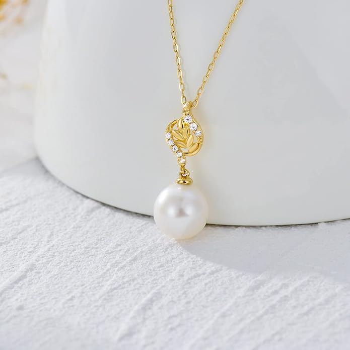 14k Gold Diamond Leaves Pearl Necklace for Women, Anniversary Jewelry for Wife, Birthday Gifts for Her (0.1ct Diamond, 9mm Freshwater Cultured Pearl), 16-18 Inch
