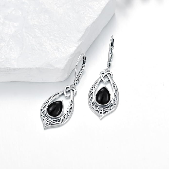 Celtic Knot Dangle Earrings 925 Sterling Silver Oxidized Vintage Drop Leverback Earrings with 8 * 6mm Simulated Birthstone Crystal Christmas Jewelry Gifts for Women (Gift Box)