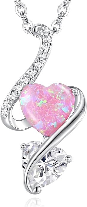 LOUISA SECRET 925 Sterling Silver Opal Birthstone Necklace, Unique Tiny Double Heart Pendant Jewelry, Engraved with "S925 I Love You" Best Birthday Gift for Women Wife Girlfriend Mom Her, Christmas Day Valentine's Day Anniversary Mother's Day