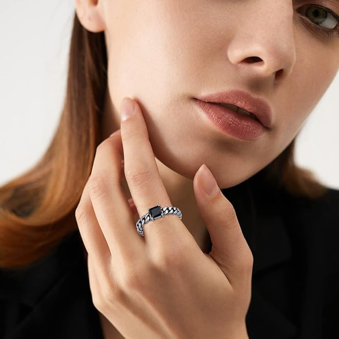 925 Sterling Silver Vintage Oxidized Style Black Onyx Adjustable Ring Casual Jewelry Gifts for Women