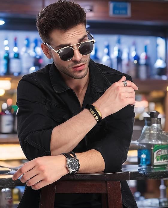 Italian Handmade Genuine Leather Bracelets for Men Stainless Steel Clip, Men's Casual Genuine Multi-layer Cuff Bracelet, Bracelet Gift for Real Men