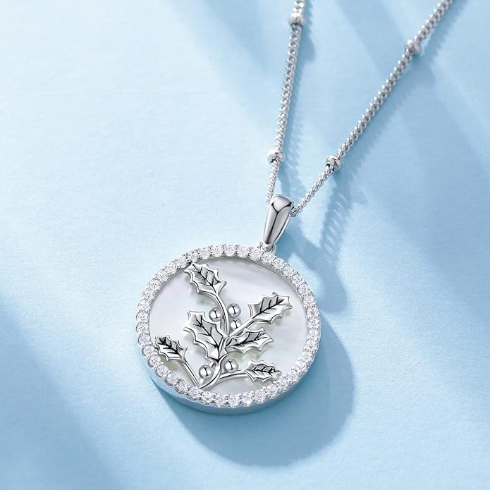 AGVANA Valentines Day Gifts Sterling Silver Birth Flower Necklace for Women Genuine Mother of Pearl CZ Round Disc Pendant Necklace Fine Jewelry Anniversary Birthday Gifts for Women Wife Mom Her