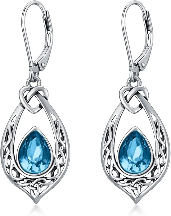 Celtic Knot Dangle Earrings 925 Sterling Silver Oxidized Vintage Drop Leverback Earrings with 8 * 6mm Simulated Birthstone Crystal Christmas Jewelry Gifts for Women (Gift Box)