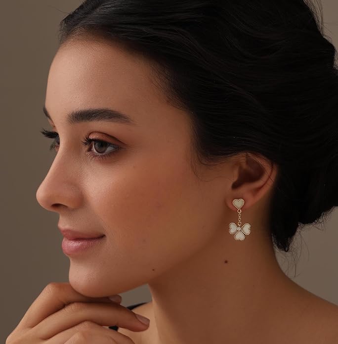 LeCalla 925 Sterling Silver Drop Earrings | Mother of Pearl Clover Earring | Mother of Pearl Stud Earring | Zirconia MOP Drop Dangle Hoop Earrings for Women