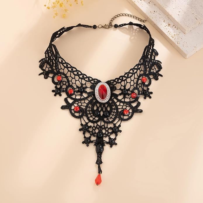 Black Lace Choker Necklace for Women Gothic Crystal Necklace Goth Collar Choker Necklaces Vintage Victorian Necklaces Halloween Costume Accessories