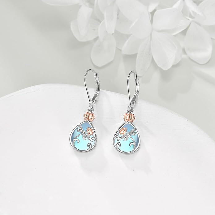 AOBOCO Butterfly/Dragonfly/Bee/Ladybug Leverback Earrings 925 Sterling Silver Rose Lotus Tulip Flower Filigree Dangle Earrings Teardrop Moonstone Larimar Turquoise Abalone Shell Jewelry Birthday Gifts for Women