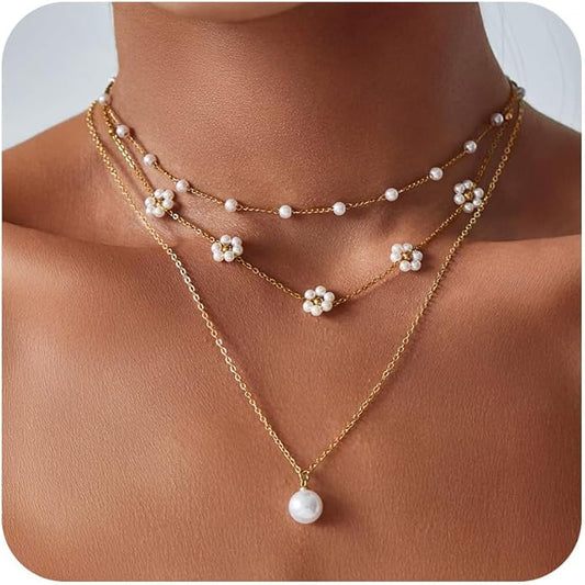 YOUNGGRACE 14K Gold Plated Pearl Flower Necklace Set for Women, Elegant Daisy & Layered Choker - Trendy gold necklaces for women, pearl accessories, layered gold necklace, dainty jewelry Gift for Her