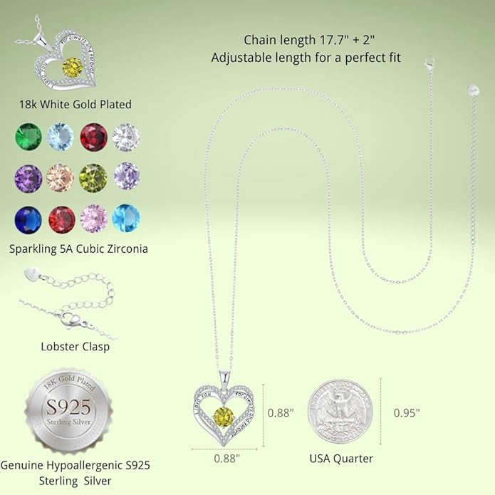 Birthstone Heart Necklace for Women Wife Girlfriend Mom Daughter Gifts S925 Silver Jewelry For Anniversary Rose Gold Gifts For Birthday Christmas Mothers Valentines Day