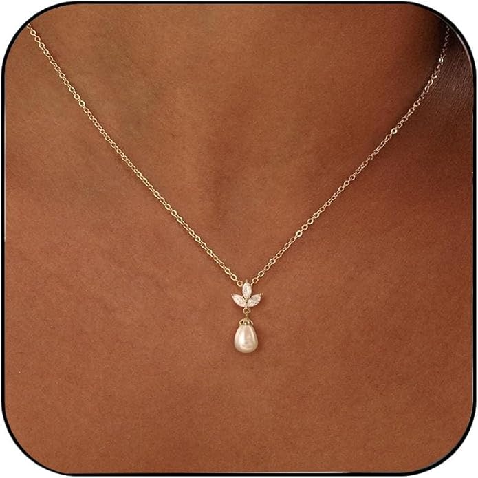Pearl Necklaces for Women Trendy,14k Gold Plated Pearl Pendant Necklace Dainty Wedding Necklace Small Cute Gold Choker Necklace for Women Non Tarnish Gold Prom Jewelry Fashion Bridesmaids Gifts