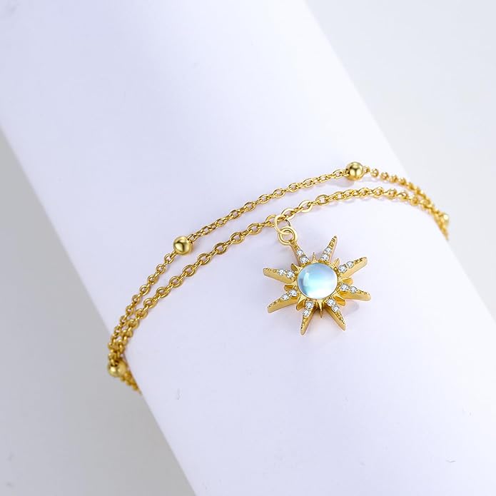 Sun Bracelet/Anklet 925 Sterling Silver Moonstone Star Sunburst Adjustable Ankle Bracelet Star Celestial Jewelry for Women Daughter Friend Sister