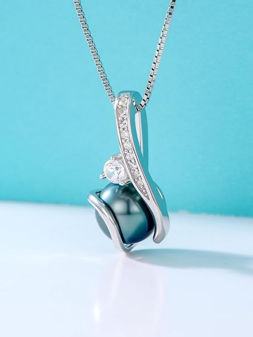 KANNSOAR Tahitian Black Pearl AAAA 18K White Gold Plated Sterling Silver Pendant Necklace for Women Wife Mom Girlfriend Valentine Her Jewelry Gift for Anniversary Birthday Christmas