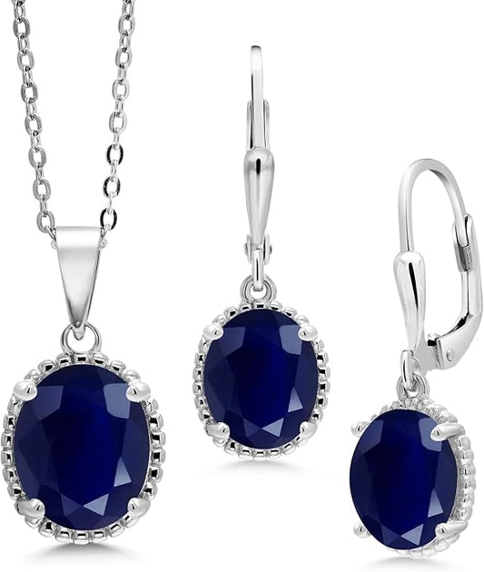 Gem Stone King 925 Sterling Silver Blue Sapphire Pendant and Earrings Jewelry Set For Women (8.90 Cttw, Gemstone Birthstone, Oval 11X9MM and 9X7MM, with 18 Inch Silver Chain)