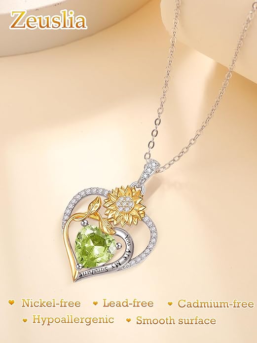 Zeuslia Double Birthstone Necklace Gifts for Wife - 925 Sterling Silver Sunflower/Rose/Crown Cross/Compass/Heart Pendant I Love You Necklace, Anniversary Birthday Gifts for Wife Girlfriend Mom Her