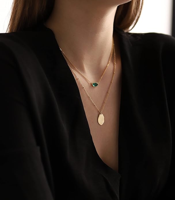 OZEL JEWELRY & GIFT Layered Gold Necklaces for Women - Crystal Colorful Delicate Cutting Pendant Necklace - 18K Gold Plated - Birthday Gifts (Made in Korea)