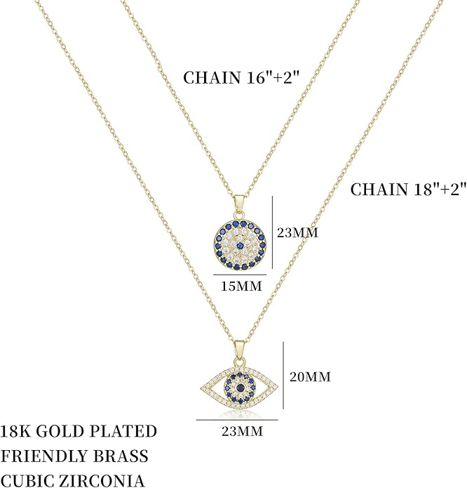 Evil Eye Necklace Layered Necklaces for Women, 2Pcs 18K Gold Plated Dainty Evil Eye Choker Pendant Necklace Handmade Evil Eye Jewelry Protection Gifts