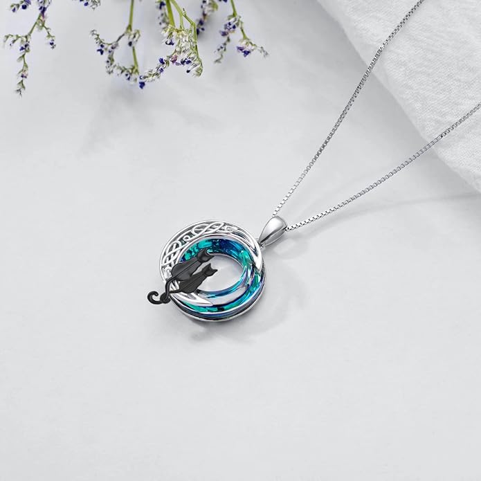 TOUPOP Christmas Cat Gifts for Cats Lovers One Two Three Four Cats Necklace Sterling Silver Cats on the Moon Pendant Necklace with Blue Circle Crystal Birthday Christmas Celtic Jewelry Gifts for Women
