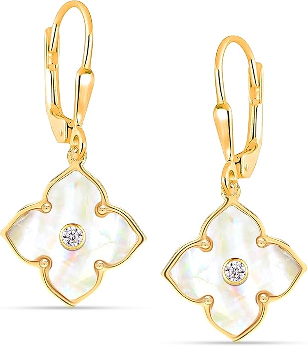 LeCalla 925 Sterling Silver Drop Earrings | Mother of Pearl Clover Earring | Mother of Pearl Stud Earring | Zirconia MOP Drop Dangle Hoop Earrings for Women