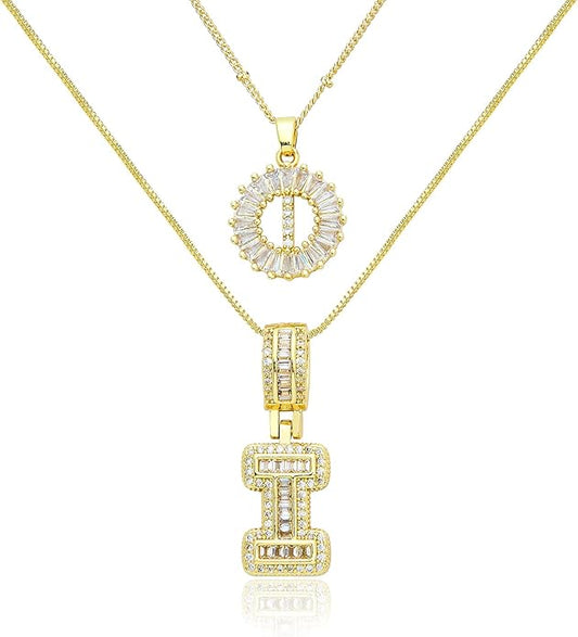 14K Gold Plated Initial Letter Pendant Necklace, Cubic Zirconia Crystal, Copper Chain