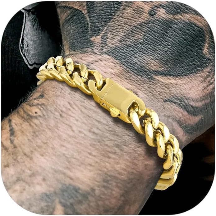 Richsteel 5/7/9/12mm Wide Miami Cuban Link Chain Bracelet for Men Women,Stainless Steel/Gold/Black Plated,7.4/8.2/9 Inch Length,Hip Hop Urban Street-wear Jewelry(Gift Wrapped)