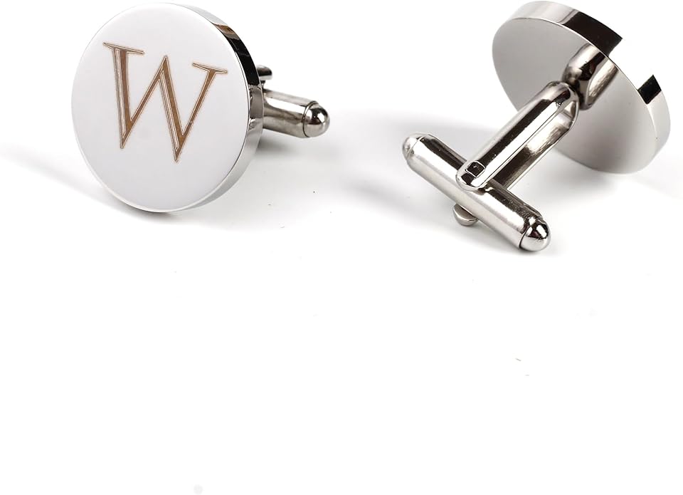 Mens Initial Silver Cufflinks A-Z Alphabet Letter Steel Cuff Links with Engraved Walnut Wood Box Groom Groomsman Wedding Set…