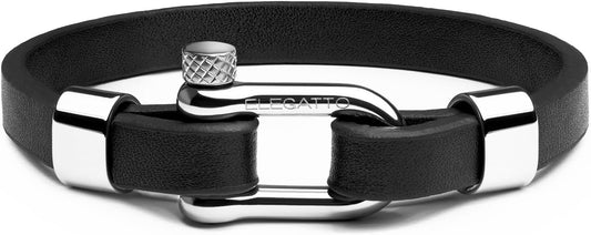 Elegatto Morelle Premium Leather Bracelet for Men | Full-Grain Black Leather with Silver Polished Stainless Steel Shackle Closure | Men’s Designer Jewelry