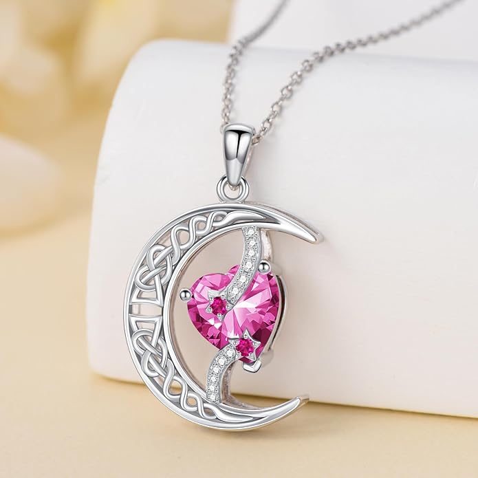 TOUPOP Moon and Star Birthstone Necklace for Women 925 Sterling Silver Celtic Moon Jewelry Birthday Christmas Gifts for Her Girlfriend