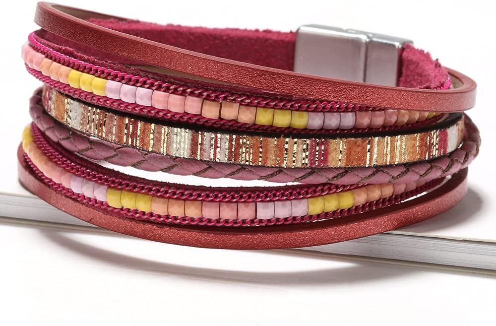 Fesciory Leather Wrap Bracelets for Women, Boho Leopard Multi-Layer Crystal Beads Cuff Bracelet Jewelry